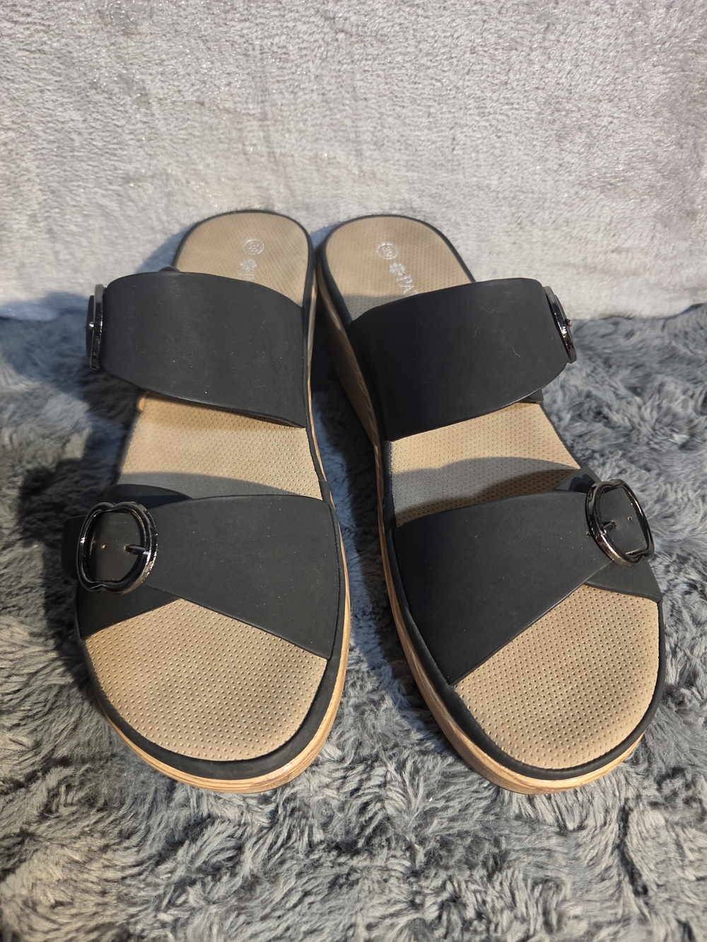 Women’s Black Wedge Slide Sandals with Buckle Straps